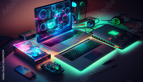 Modern neon technology concept with many expensive electronic gadgets on the desk.Ai generated image