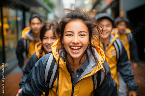 Teenage girl walking with multi ethnic friends group in school uniform to class at high school - Back to school concept.