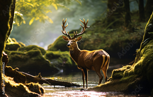 A stag buck in the woods, standing in a shallow stream, filtered daylight; generative AI Illustration