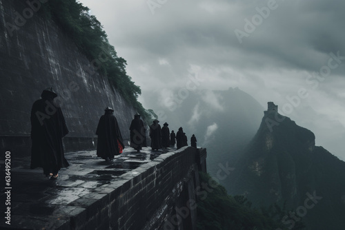 Monjes caminando en un templo en una tarde lluviosa