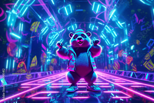 Oso panda bailando en un cuarto iluminado