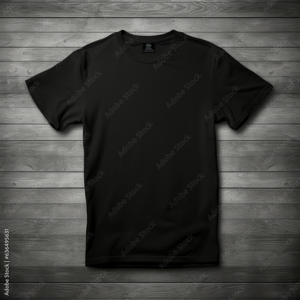 black t-shirt mock-up , flat lay on a dark wood background , aerial view , blank t-shirt template - obrazy, fototapety, plakaty 