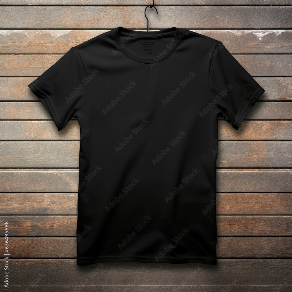 black t-shirt mock-up , on a hanger , flat lay , wood background , blank t-shirt template - obrazy, fototapety, plakaty 
