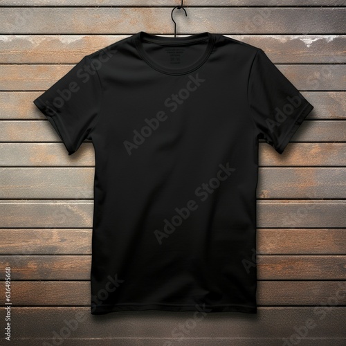 black t-shirt mock-up , on a hanger , flat lay , wood background , blank t-shirt template