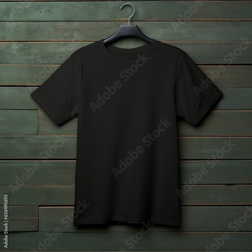 black t-shirt mock-up , on a hanger , flat lay , wood background , blank t-shirt template