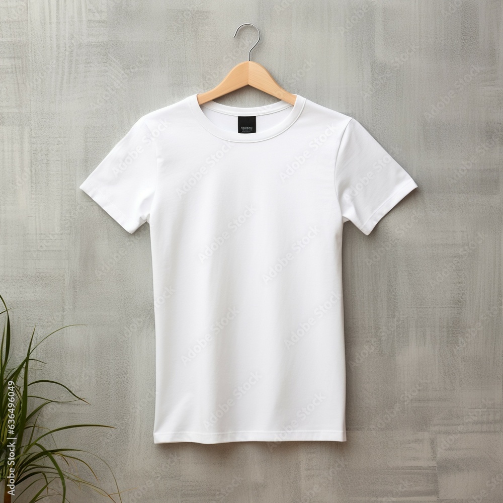 white t-shirt mock-up, on a hanger , flat lay , light background , with plants nearby , aerial view white t-shirt mock-up, on a hanger , flat lay , light background , with plants nearby , aerial view
