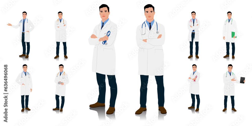 Hand-drawn healthcare worker. Happy smiling doctor with a stethoscope. A doctor in a white coat poses. Different color options. Vector flat style illustration set isolated on white Hand-drawn healthcare worker. Happy smiling doctor with a stethoscope. A doctor in a white coat poses. Different color options. Vector flat style illustration set isolated on white