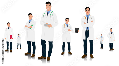 Hand-drawn healthcare worker. Happy smiling doctor with a stethoscope. A doctor in a white coat poses. Different color options. Vector flat style illustration set isolated on white	