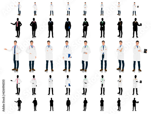 Hand-drawn healthcare worker. Happy smiling doctor with a stethoscope. A doctor in a white coat poses. Different color options. Vector flat style illustration set isolated on white	