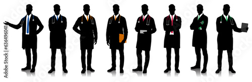 Silhouette of healthcare worker. Happy smiling doctor with a stethoscope. A doctor in a white coat poses. Different color options. Vector flat style illustration set isolated on white	