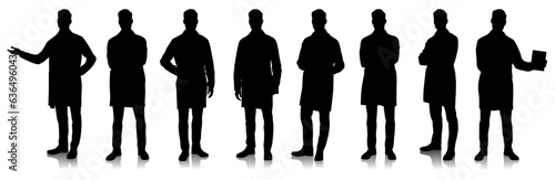 Silhouette of healthcare worker. Happy smiling doctor with a stethoscope. A doctor in a white coat poses. Different color options. Vector flat style illustration set isolated on white	