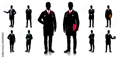 Silhouette of healthcare worker. Happy smiling doctor with a stethoscope. A doctor in a white coat poses. Different color options. Vector flat style illustration set isolated on white	