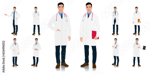 Hand-drawn healthcare worker. Happy smiling doctor with a stethoscope. A doctor in a white coat poses. Different color options. Vector flat style illustration set isolated on white	