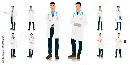 Hand-drawn healthcare worker. Happy smiling doctor with a stethoscope. A doctor in a white coat poses. Different color options. Vector flat style illustration set isolated on white	