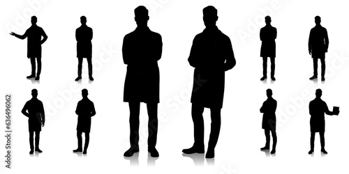 Silhouette of healthcare worker. Happy smiling doctor with a stethoscope. A doctor in a white coat poses. Different color options. Vector flat style illustration set isolated on white	