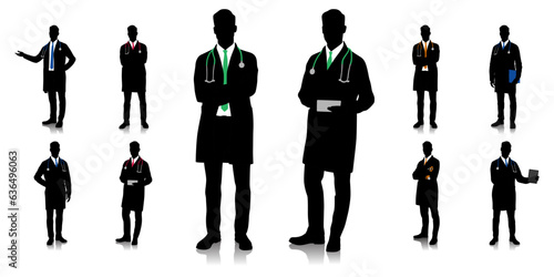 Silhouette of healthcare worker. Happy smiling doctor with a stethoscope. A doctor in a white coat poses. Different color options. Vector flat style illustration set isolated on white	