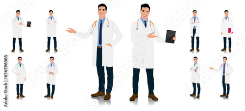 Hand-drawn healthcare worker. Happy smiling doctor with a stethoscope. A doctor in a white coat poses. Different color options. Vector flat style illustration set isolated on white	