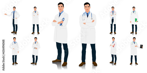 Hand-drawn healthcare worker. Happy smiling doctor with a stethoscope. A doctor in a white coat poses. Different color options. Vector flat style illustration set isolated on white	
