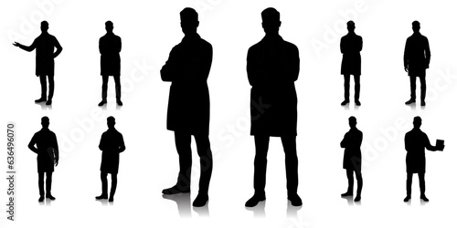 Silhouette of healthcare worker. Happy smiling doctor with a stethoscope. A doctor in a white coat poses. Different color options. Vector flat style illustration set isolated on white	