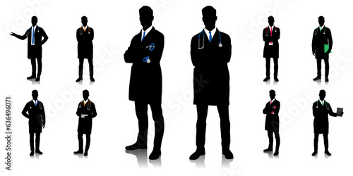 Silhouette of healthcare worker. Happy smiling doctor with a stethoscope. A doctor in a white coat poses. Different color options. Vector flat style illustration set isolated on white	