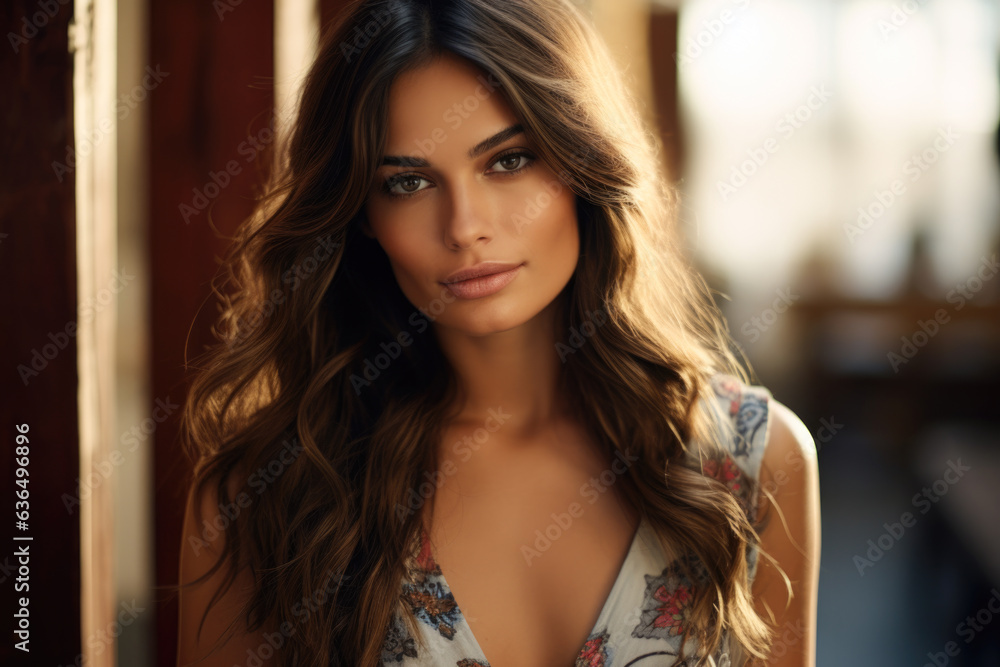 Woman with long wavy hair wearing a floral dress Woman with long wavy hair wearing a floral dress