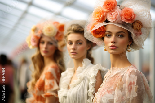 Three women wearing fancy hats with flowers on them photo