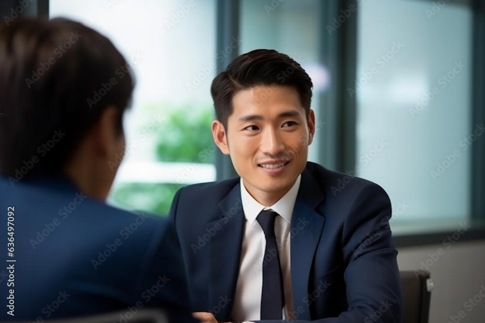 Portrait of a young asian businessman talking to his colleague in office Portrait of a young asian businessman talking to his colleague in office