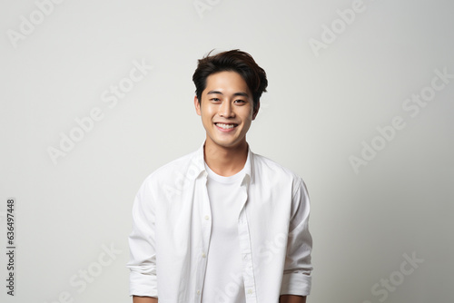 Portrait of a smiling young Asian man standing and looking at the camera with a white background.