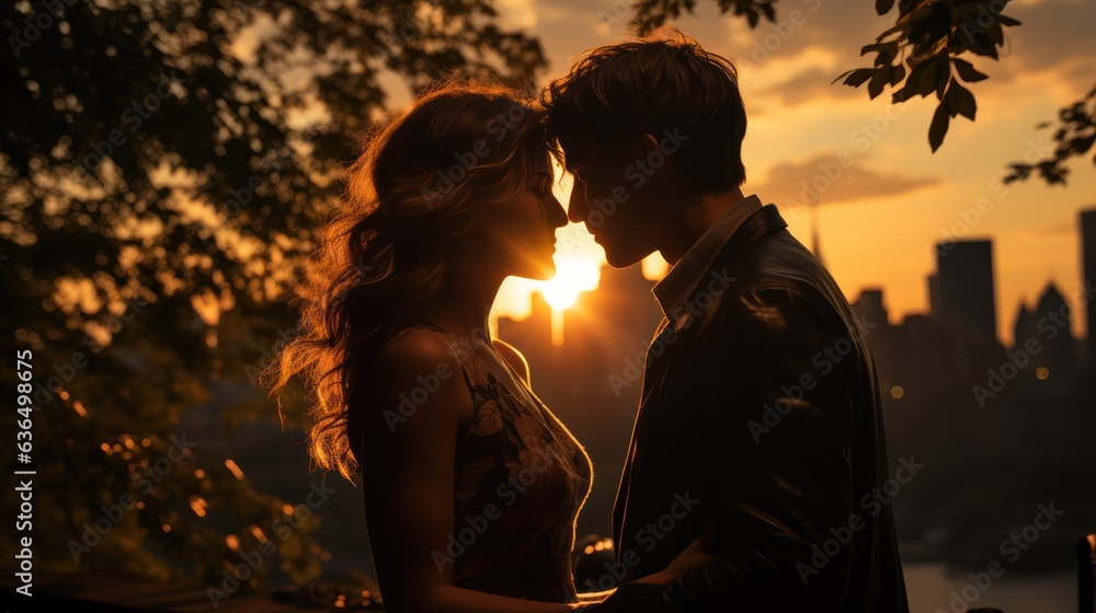 romantic couple kissing each other at the sunset and the whole city in the background