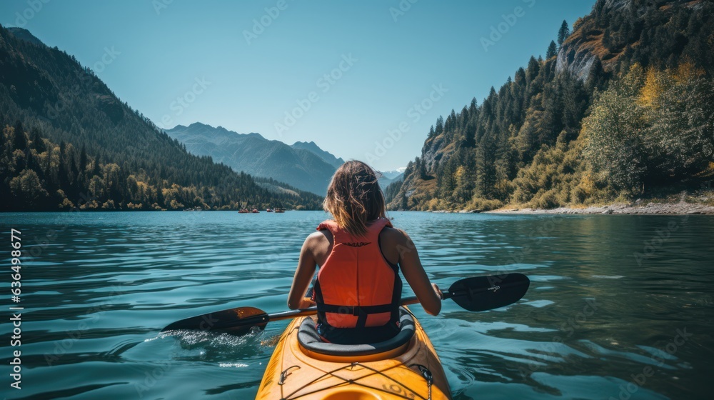 women kayaking in the middle of a beautiful lake in the summer