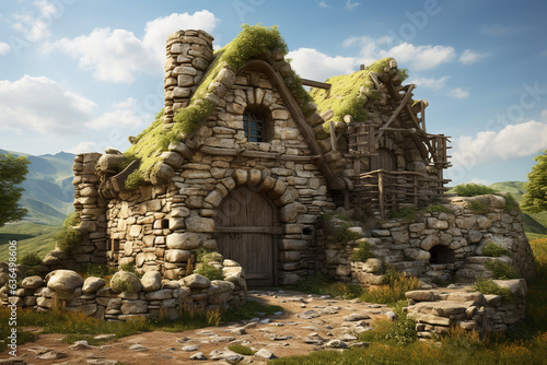 stone age primitive house with sign3d rendering element photo