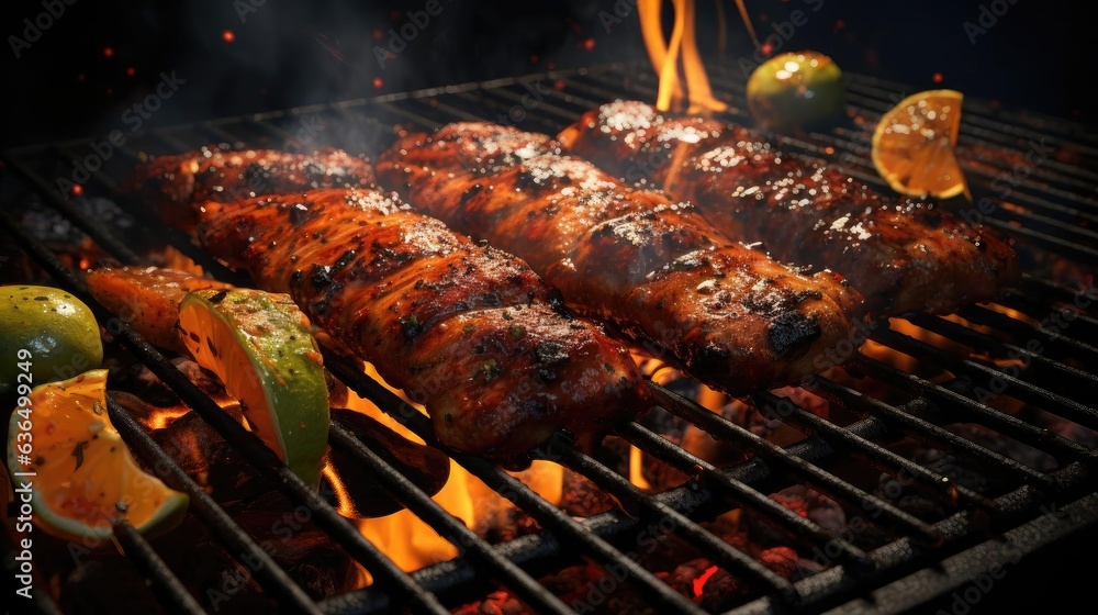 grilled barbeque with melted barbeque sauce and cut vegetables, blur background