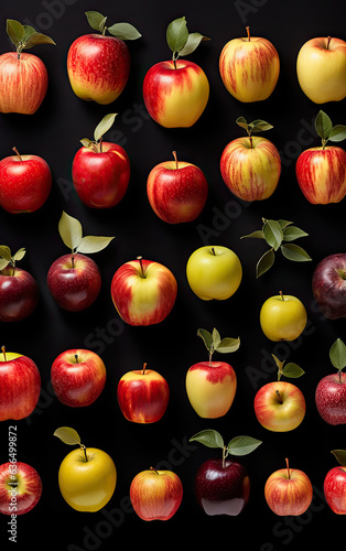 Different types and colors of apples on a dark background