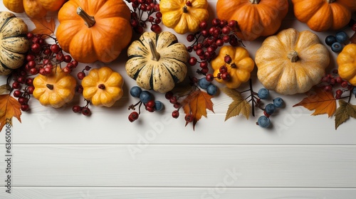 Pumpkins, berries, and leaves are used as festive fall decorations against a white wooden background..