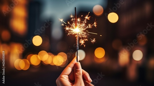 In the evening, a hand holding a flaming sparkler blast is seen against a dark background in bokeh..