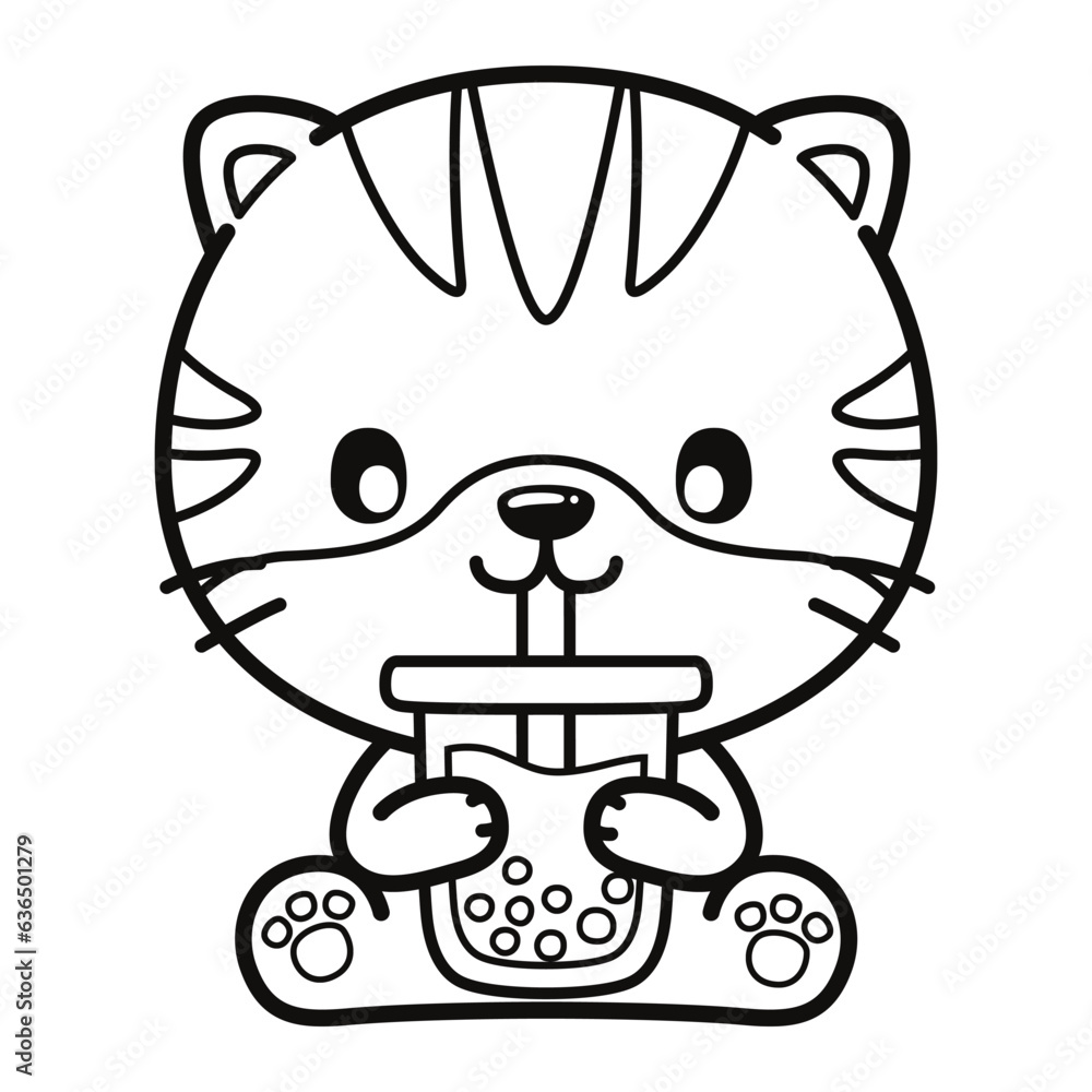 Kwaii Tiger, Cute Animal. Black and white vector illustration for coloring book Kwaii Tiger, Cute Animal. Black and white vector illustration for coloring book