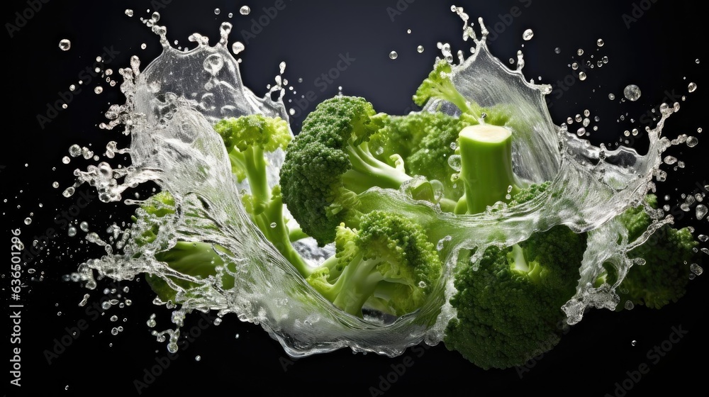 fresh green broccoli splashed with water on black background and blur fresh green broccoli splashed with water on black background and blur
