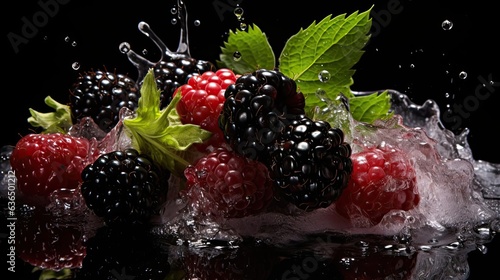 fresh blackberry and redberry splashed with water on black background and blur