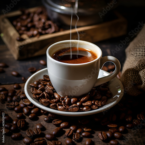 photo of an espresso coffee cup with beans on a vintage table