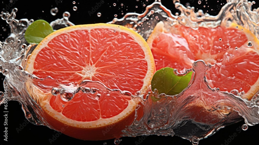 fresh grapefruits splashed with water on black and blurred background fresh grapefruits splashed with water on black and blurred background