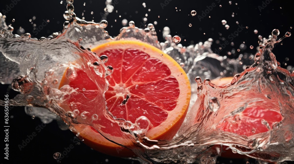 fresh grapefruits splashed with water on black and blurred background fresh grapefruits splashed with water on black and blurred background