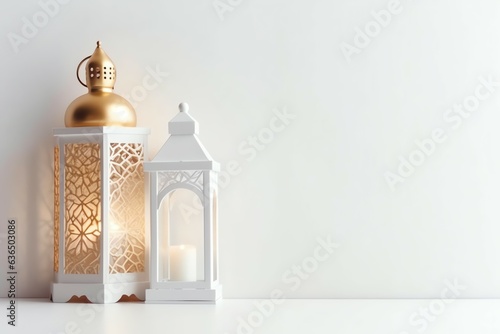 Eid mubarak and ramadan kareem greetings with islamic lantern and mosque. Eid al fitr background. Eid al fitr background of window concept by AI Generated