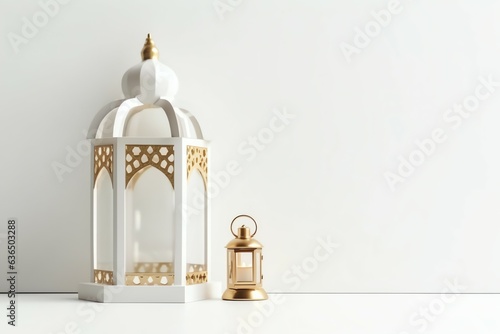 Eid mubarak and ramadan kareem greetings with islamic lantern and mosque. Eid al fitr background. Eid al fitr background of window concept by AI Generated