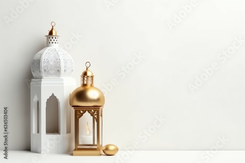 Eid mubarak and ramadan kareem greetings with islamic lantern and mosque. Eid al fitr background. Eid al fitr background of window concept by AI Generated