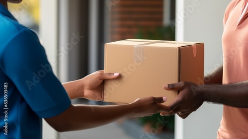 An image depicting a scene where a male delivery person is handing a cardboard box to a customer © Matthew