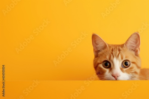 A frightened cat peeks out from behind a corner on an orange background. 