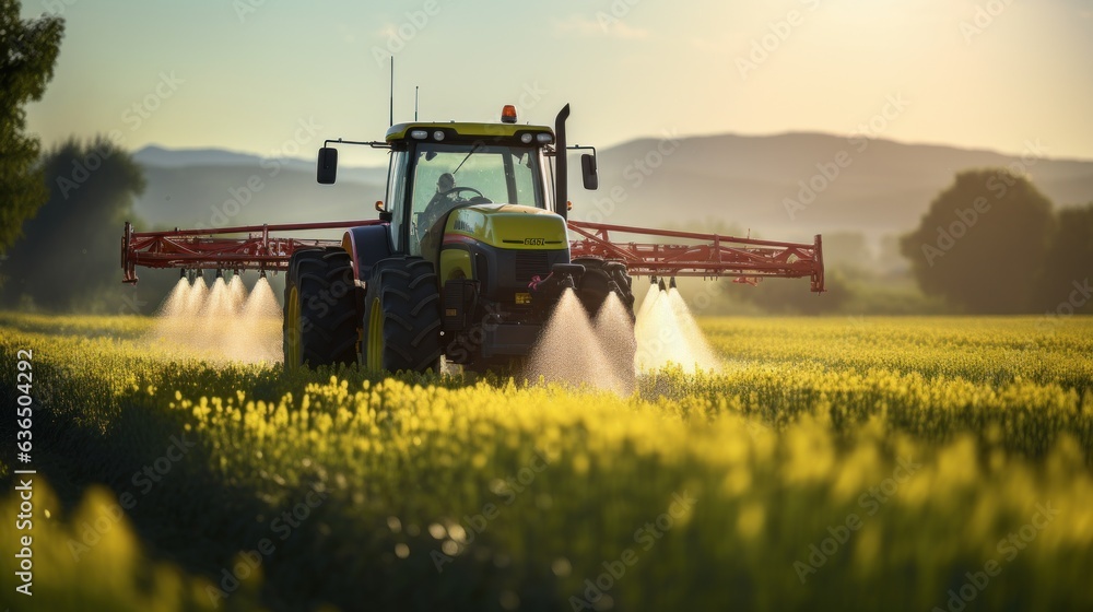 Fototapeta premium Tractor spraying pesticides on a green field, agriculture background photo concept