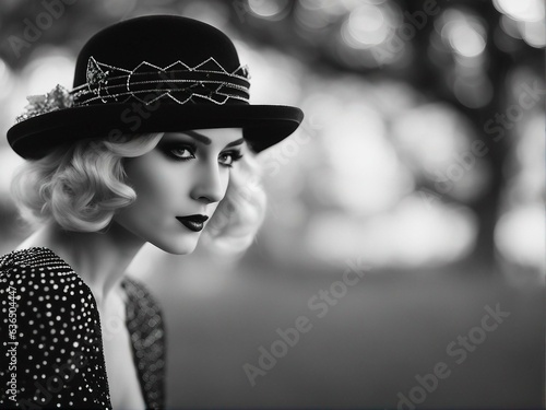 Moody black and white portrait of1920s flapper woman with elegant hat