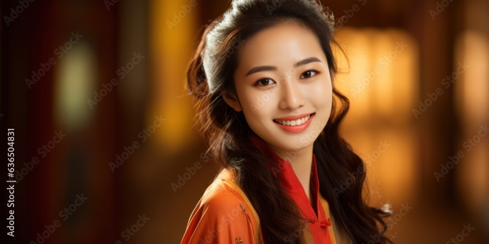 illustration of Chinese girl smiles, genarative AI illustration of Chinese girl smiles, genarative AI