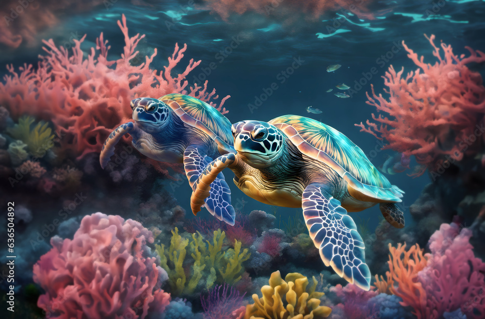 3D vibrant colors illustration of couple turtles in stunning deep sea, AI generated 3D vibrant colors illustration of couple turtles in stunning deep sea, AI generated